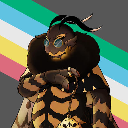A digital artwork of an anthropomorphic death’s-head hawkmoth wearing glasses. They have a serious look, and one of their paws is holding up a golden censer. The background is the disability pride flag