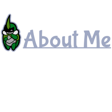 An image with a transparent background. The image simply features text that reads; "About Me." The text is underlined, and to the left of the text is a sprite of Kabbu from Bug Fables where Kabbu looks happy.