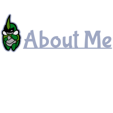 An image that reads; "About Me." To the left of the text is a sprite of Kabbu from Bug Fables in a happy pose.